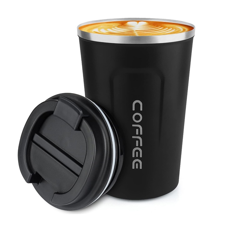 Термос за кафе, 510 мл, неръждаема стомана, херметичен, преносим, термо чаша с 8-часова термоизолация, идеален за обяд или пътуване, черен