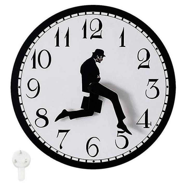 Ceas decorativ, Silly Walk, negru, 25x25cm, din lemn, cu suport pentru montare