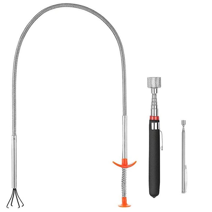 Set de 3 instrumente de ridicare magnetice, 2 bucati telescopice si 1 bucata ti gheara pentru recuperarea obiectelor, argintiu/negru