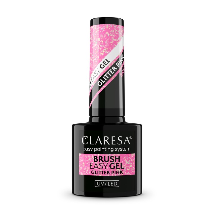 Oja Claresa Brush Easy Gel - Glitter Pink, 5 g, formula elastica, aplicare rapida