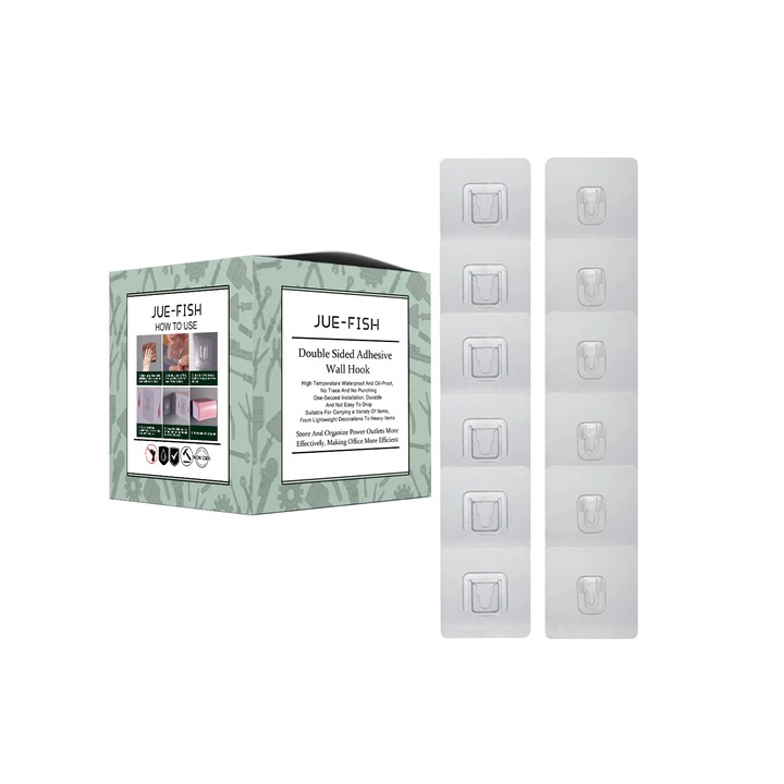 Carlig de perete cu adeziv fata-verso Jue-Fish, raft de depozitare fara perforare, catarama, agatat de perete, carlig adeziv pentru copii, 2 buc