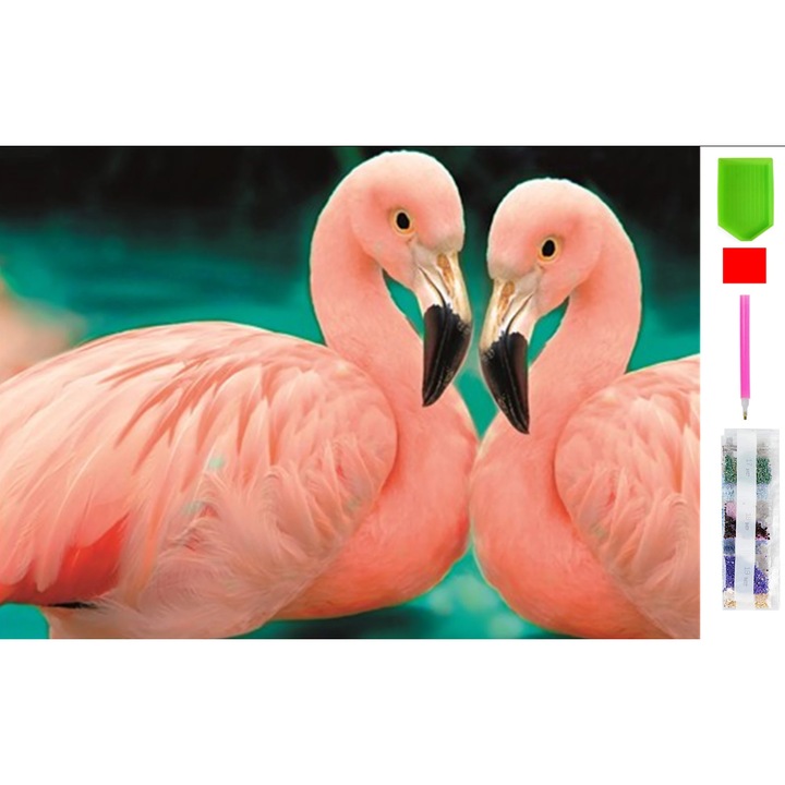 Goblen mozaic cu diamante, Zola, model flamingo indragostiti, 20 x 30 cm