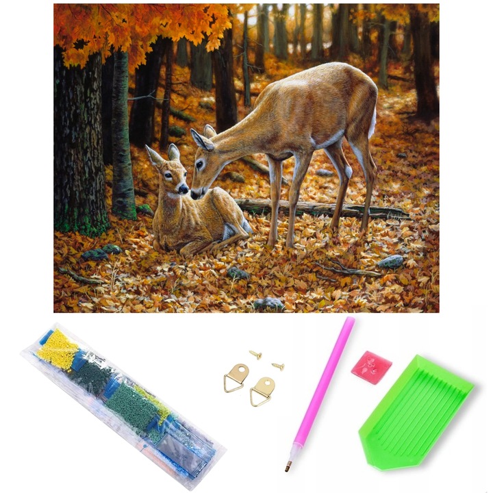 Goblen mozaic cu diamante, Zola, model caprioare in padure, 30 x 40 cm