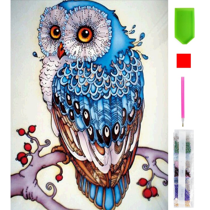 Goblen mozaic cu diamante, Zola, model bufnita albastra inteligenta, 15 x 20 cm