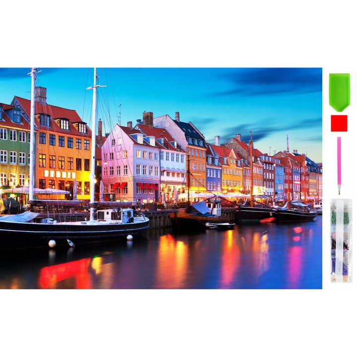 Goblen mozaic cu diamante, Zola, peisaj apus in Copenhaga, 50 x 65 cm