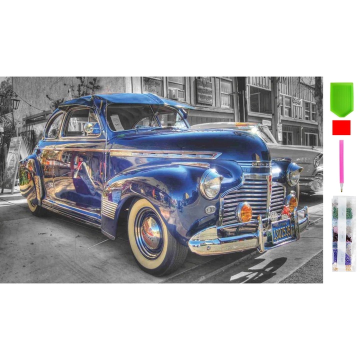 Goblen mozaic cu diamante, Zola, model masina de epoca albastra, 50 x 65 cm