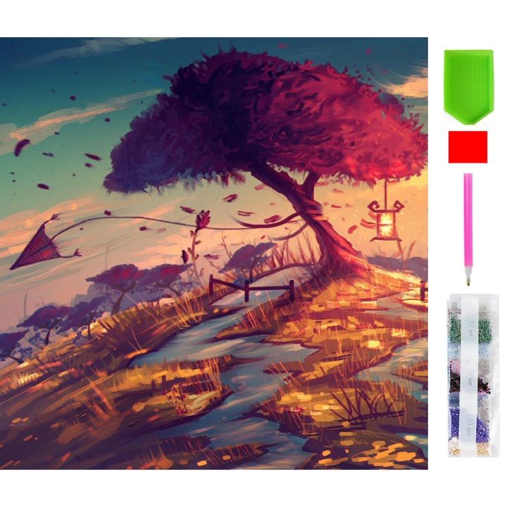 Goblen mozaic cu diamante, Zola, model pom cu flori magenta, 50 x 65 cm