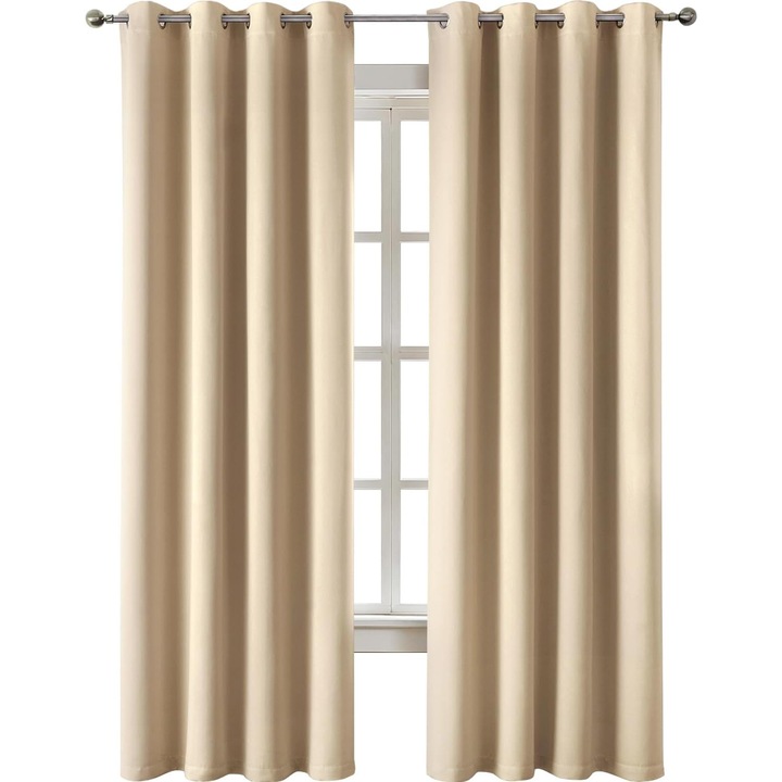 Set de 2 perdele MIULEE cu inele, blackout, pentru intunecarea camerelor, protectie termica, 140 x 245 cm, pentru dormitor si living, bej