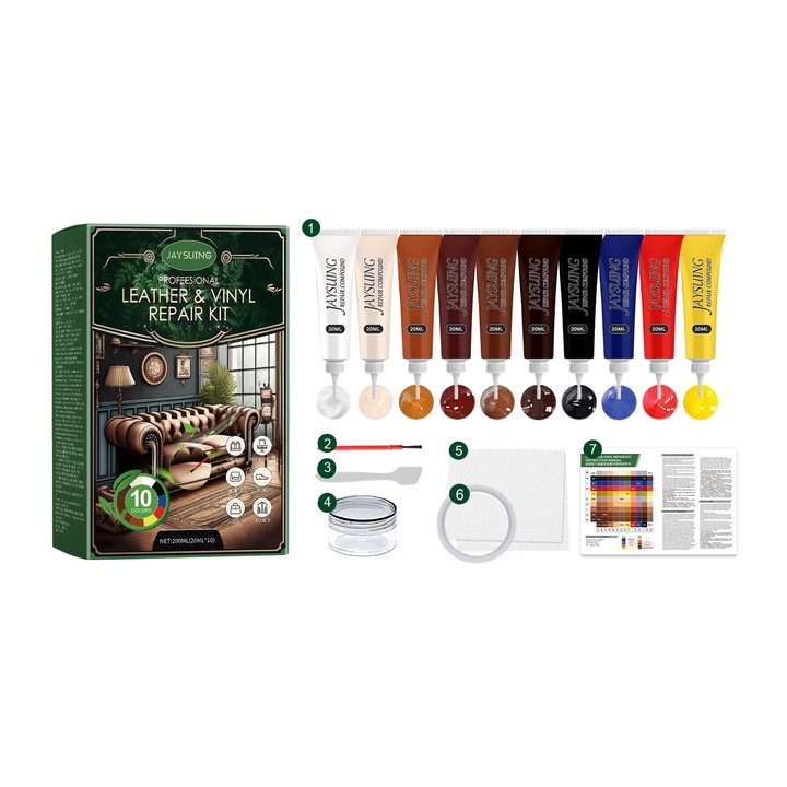 Jaysuing Kit de reparare a pielii pentru mobilier, zece culori, canapele, pantofi din piele, reconditionare, decontaminare, reparare a crapaturilor, 2 buc.