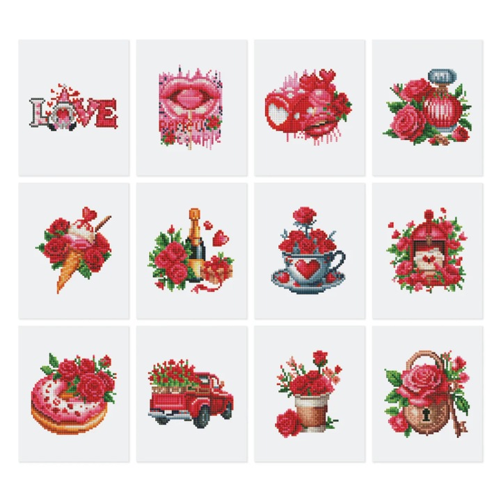 Mini set 12 goblenuri cu diamante, fara sasiu, Iubire, 18x15 cm