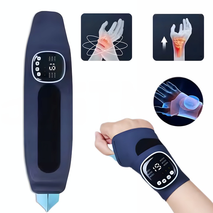 EMS TENS elektromos masszázskarkötő fűtéssel és kompresszióval, csuklófájdalom-terápiával, carpalis alagút szindrómával, relaxációval és regenerálódással, 9 masszázsmóddal, 19 intenzitási szinttel, újratölthető akkumulátorral, sötétkék