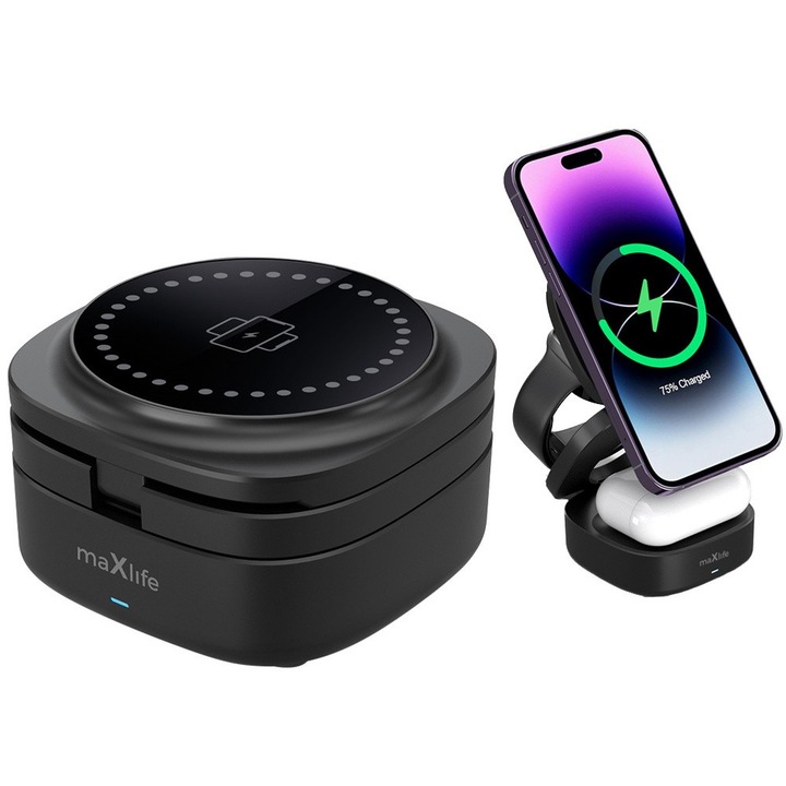 Incarcator wireless Maxlife 3 in 1, 15W, negru, compact