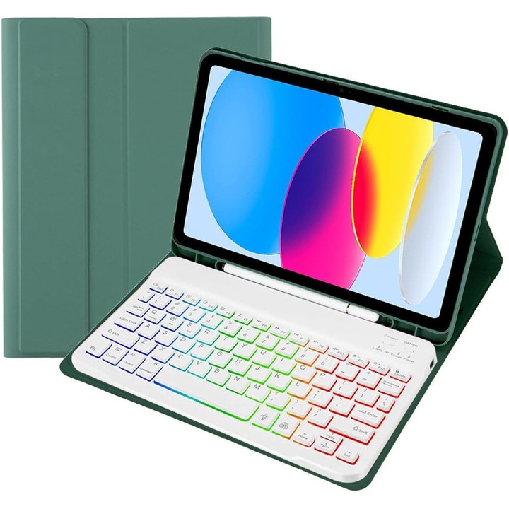 Husa cu tastatura bluetooth iluminata din spate pentru iPad 11 2025 A16 (a 11-a generatie) / iPad 10,9 2022 (a 10-a generatie), verde