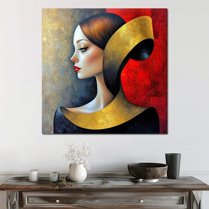 Първокласна картина на платно, LuxCanva® G1123, Геометрична тишина, 90 X 90 CM, 100% памучно платно 400g/m2, Дървена рамка, Жена, Профил, Злато, Червено, Изкуство, Изложба, Абстракт, Геометрия, Тишина, Всекидневна, Спалня