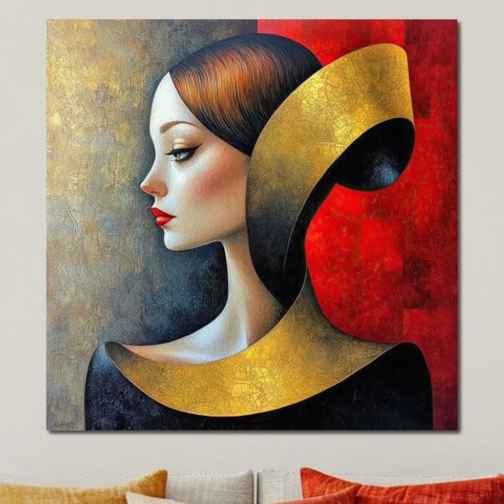 Премиум Канава Картина, LuxCanva® G1123, Геометрично Мълчание, 100 X 100 СМ, Плат 100% Памук 400гр/м2, Дървена Рамка, Жена, Профил, Злато, Червено, Изкуство, Изложба, Абстрактно, Геометрия, Мълчание, Дневна, Спалня