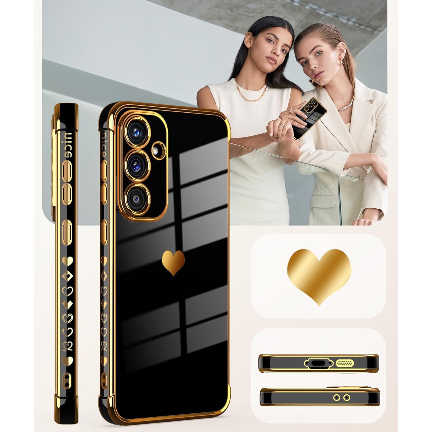 Husa Electro Heart + sticla securizata 9H pentru Samsung Galaxy A56, XGSM, TPU/Plastic, Negru/Auriu