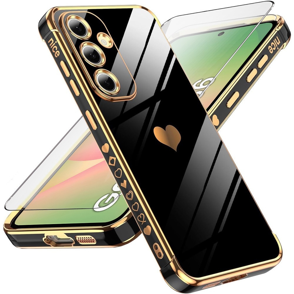Husa Electro Heart + sticla securizata 9H pentru Samsung Galaxy A56, XGSM, TPU/Plastic, Negru/Auriu