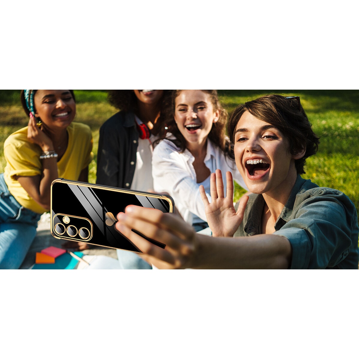 Husa Electro Heart + sticla securizata 9H pentru Samsung Galaxy A56, XGSM, TPU/Plastic, Negru/Auriu