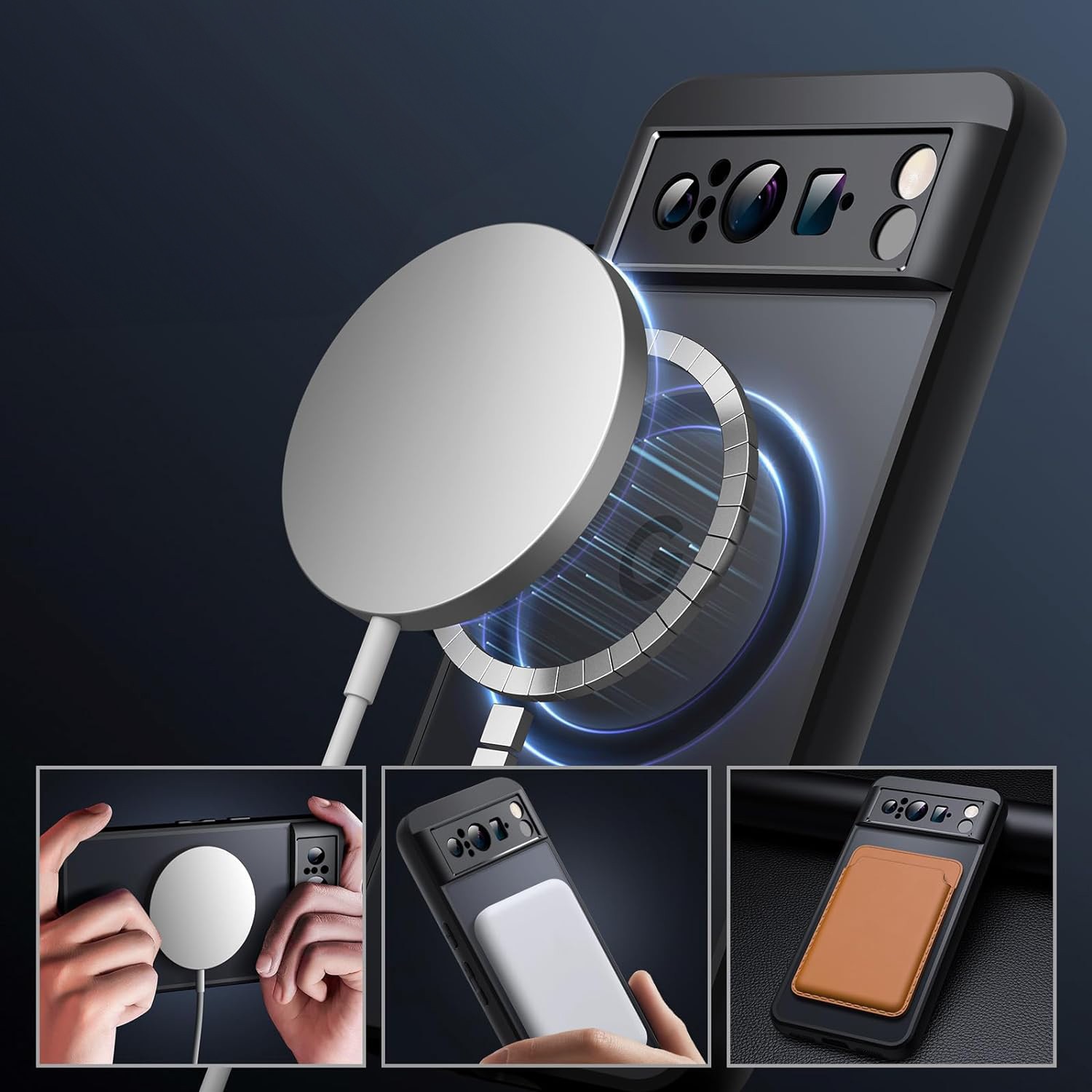 Husa hibrida pentru Google Pixel 8 Pro, ERBORD, TPU/Policarbonat, Negru, MagSafe, set cu sticla securizata
