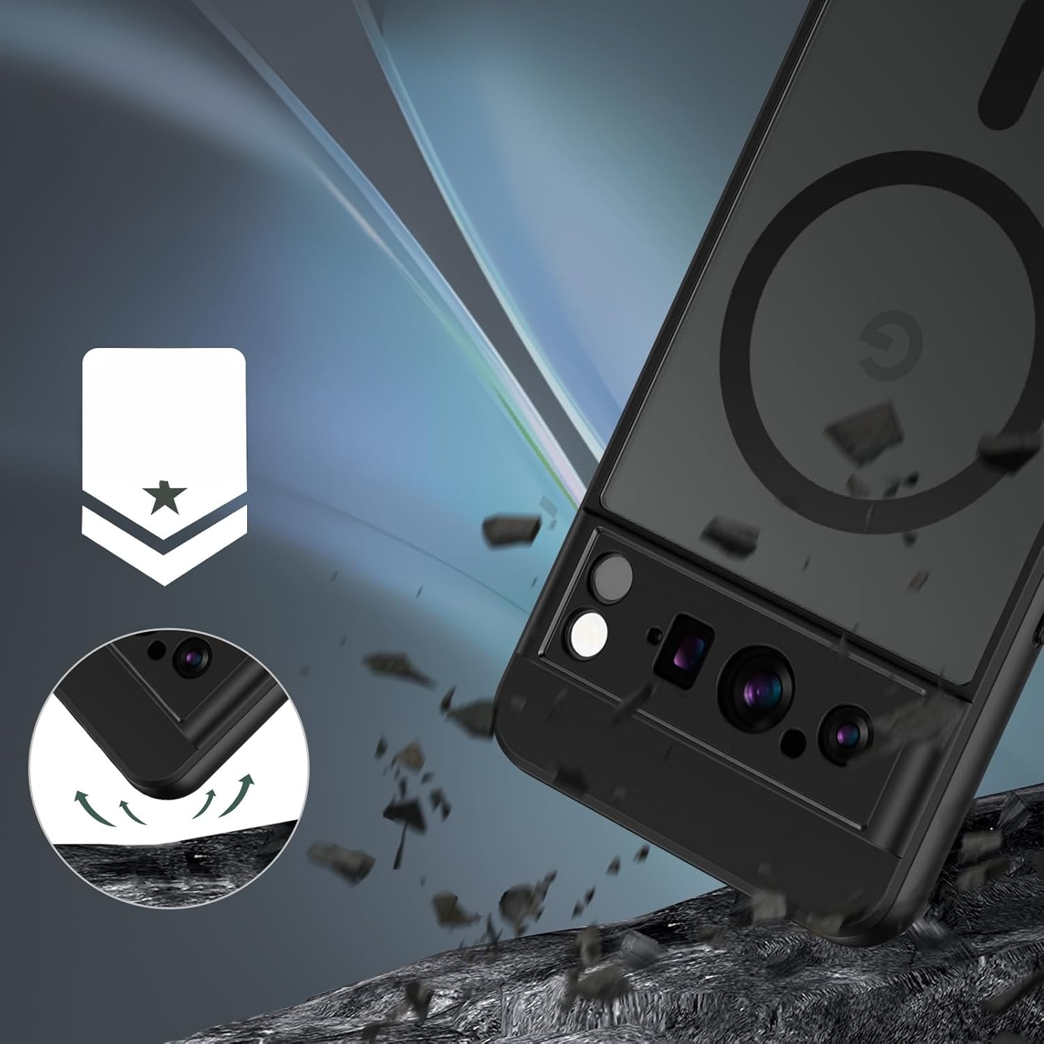 Husa hibrida pentru Google Pixel 8 Pro, ERBORD, TPU/Policarbonat, Negru, MagSafe, set cu sticla securizata