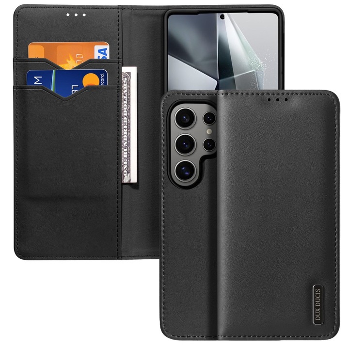 Husa flip pentru telefon, Dux Ducis, pentru Samsung Galaxy S25 Ultra, Piele naturala, Negru