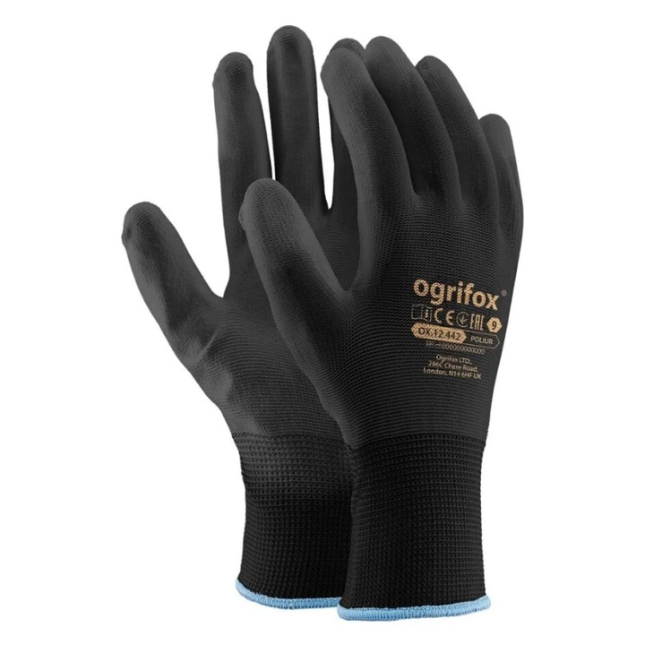 Set 12 Perechi Manusi Protectie Munca Ogrifox BB, Marimea 9-L, Negre, Uz General & Mecanic