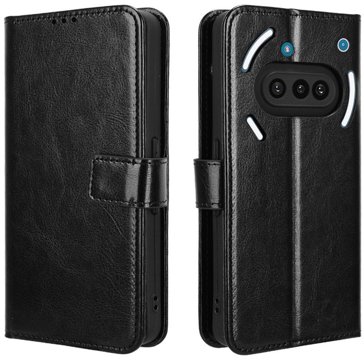Husa telefon XGSM pentru Nothing Phone 3A, Crazy Horse Wallet, ecologica, neagra, cu functie stand, inchidere magnetica