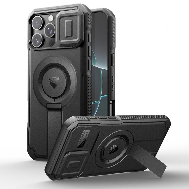 Etui pancerne pentru iPhone 16 Pro Max, CamProtect, MagSafe, negru, standard militar MIL-STD 810H-516.8, cu suport integrat