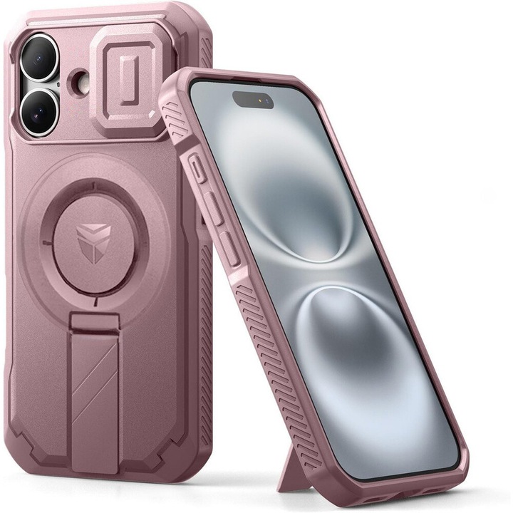 Etui pancerne pentru iPhone 16, CamProtect, roz, cu functie MagSafe, standard militar MIL-STD 810H-516.8, set