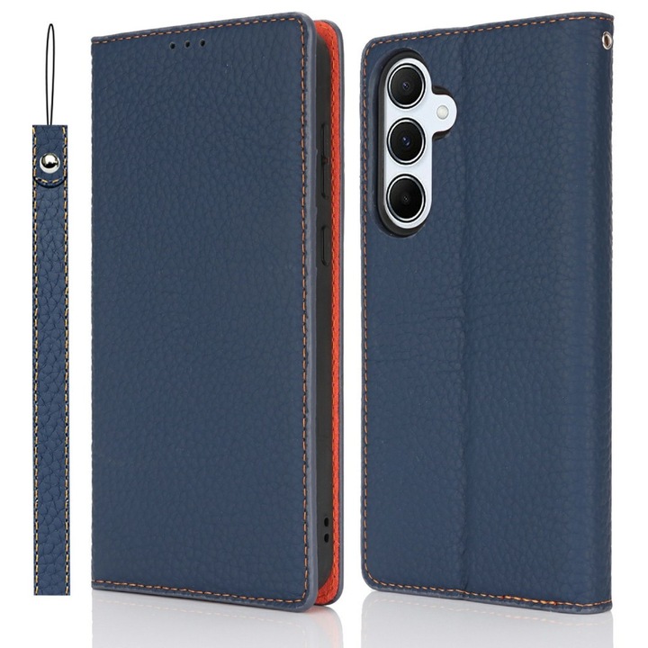 Husa cu clapa pentru Samsung Galaxy S25+ Plus, granulatie de piele Litchi, bleumarin