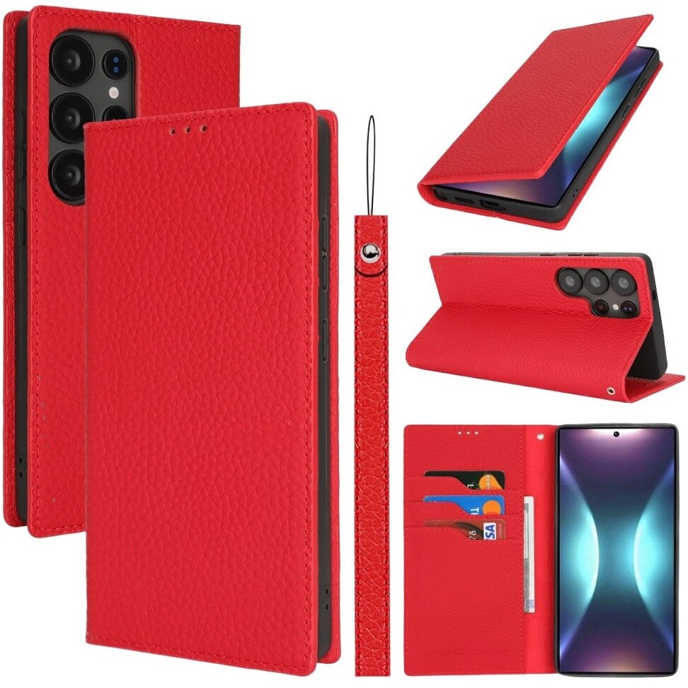 Husa telefon, XGSM, pentru Samsung Galaxy S25 Ultra, piele naturala, rosie, functie stand, inchidere magnetica