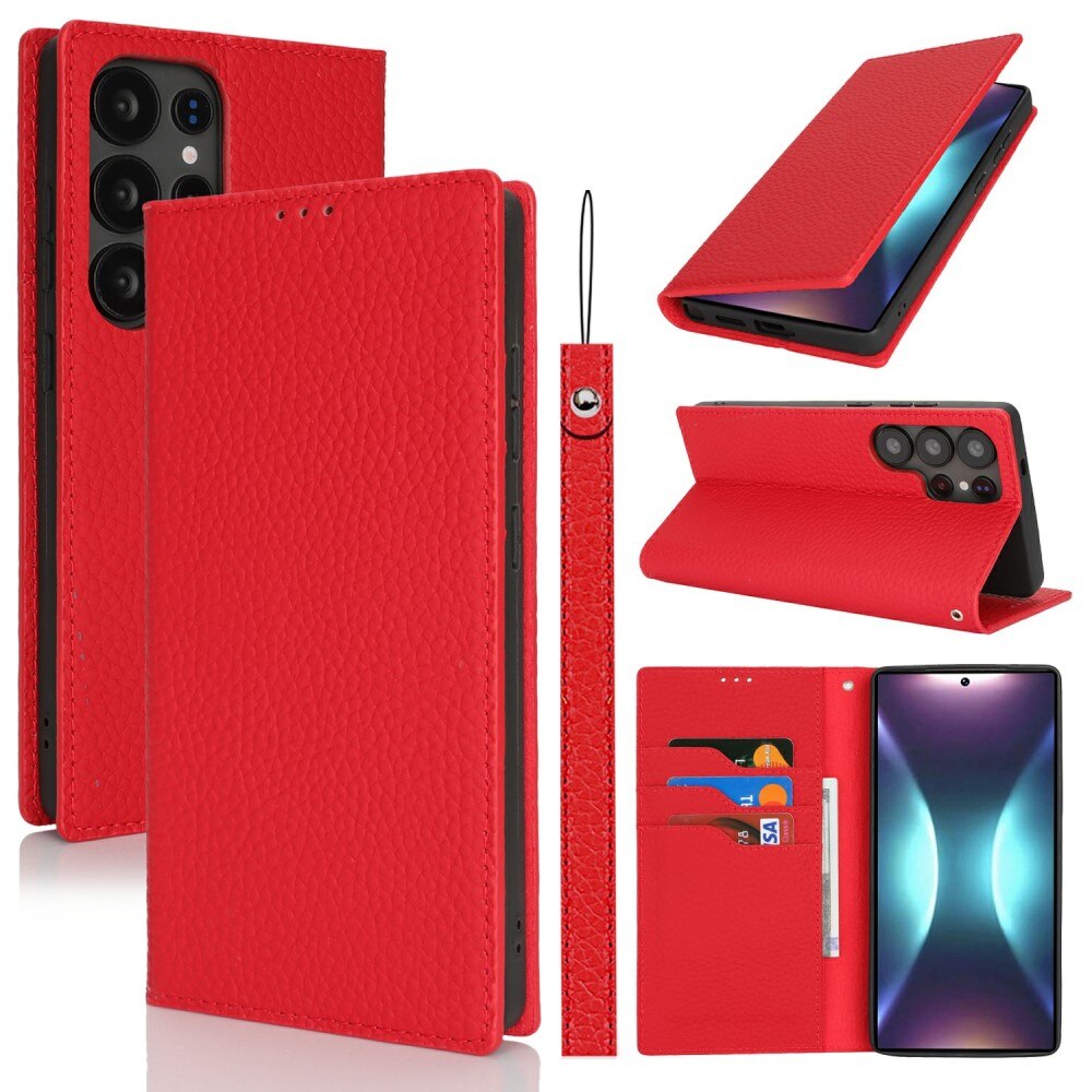 Husa telefon, XGSM, pentru Samsung Galaxy S25 Ultra, piele naturala, rosie, functie stand, inchidere magnetica