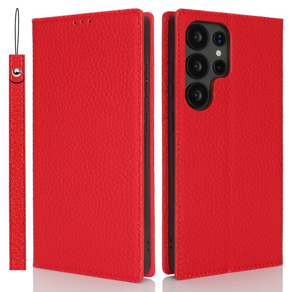 Husa telefon, XGSM, pentru Samsung Galaxy S25 Ultra, piele naturala, rosie, functie stand, inchidere magnetica