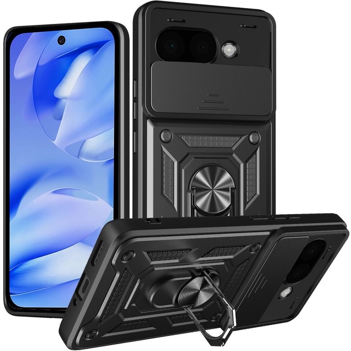 Etui pancerne XGSM pentru Google Pixel 9A, CamShield Slide, negru, cu suport integrat si maner magnetic