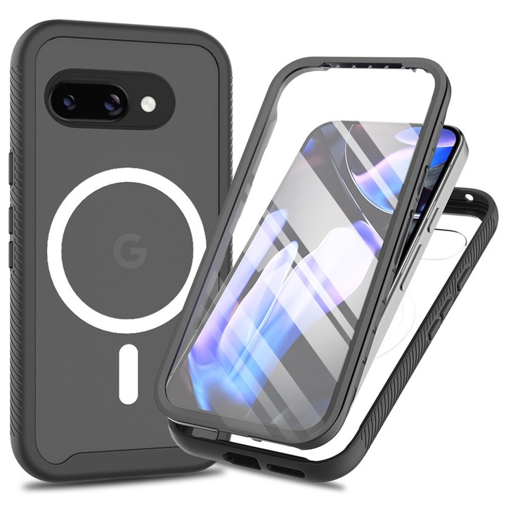 Husa telefon ERBORD pentru Google Pixel 9a, Shockproof, cu folie pe ecran, neagra, dimensiuni precise