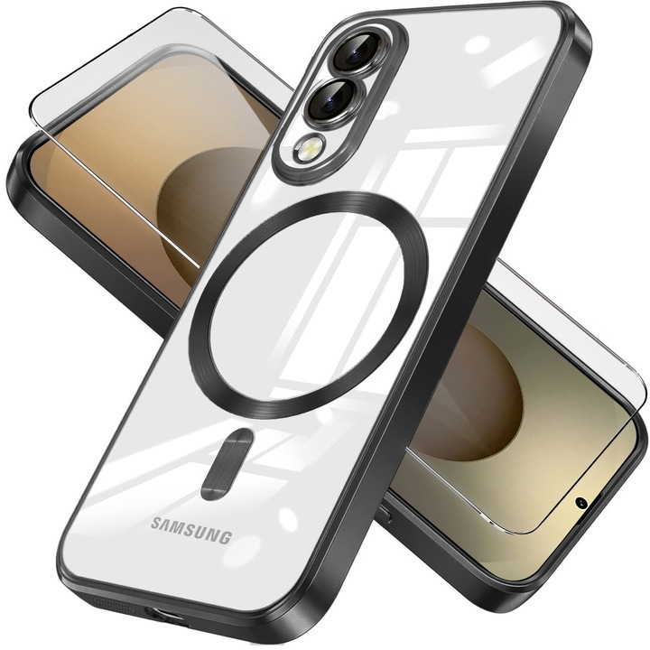 Set Husa si protectie telefon, XGSM, TPU / Sticla securizata, Pentru Samsung Galaxy S25 Edge, MagSafe, Transparent / Negru