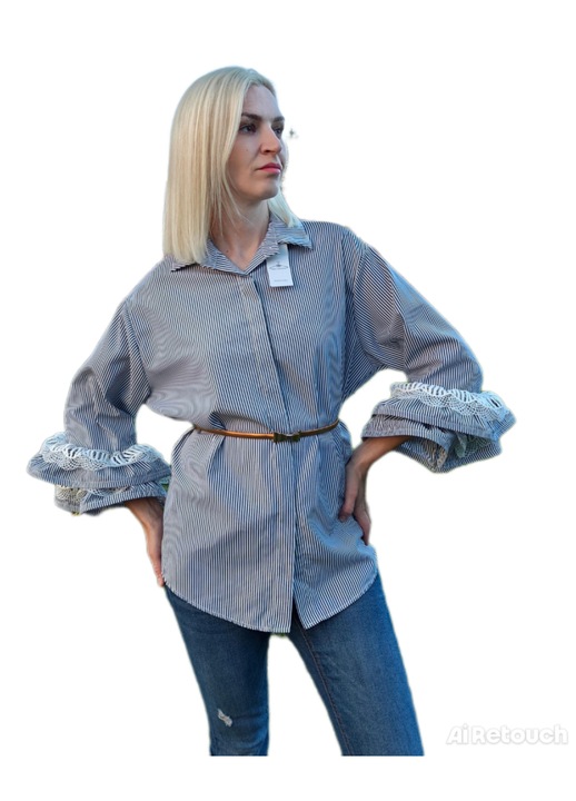 Elegáns női póló csíkokkal és puffos ujjakkal, csipkével - Lezser elegáns stílus, könnyű anyag, tavaszi-nyári használatra, fekete-fehér, univerzális méret