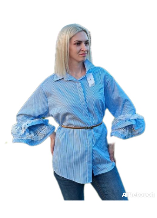 Elegáns női ing csíkokkal és puffos ujjakkal, csipkével - hétköznapi elegáns stílus, könnyű anyag, tavaszi-nyári, fehér-kék, egy méret