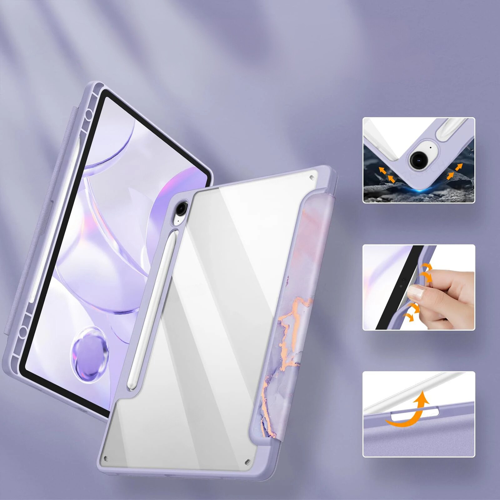Husa pentru Samsung Galaxy Tab S9 FE / S10 FE, Smartcase Hybrid, cu suport pentru stylus, violet marmura