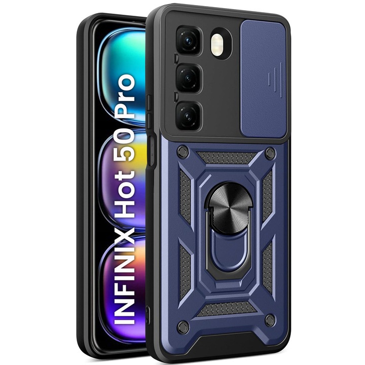 Etui pancerne XGSM pentru Infinix Hot 50 Pro 4G, CamShield Slide, albastru, cu suport integrat si maner magnetic