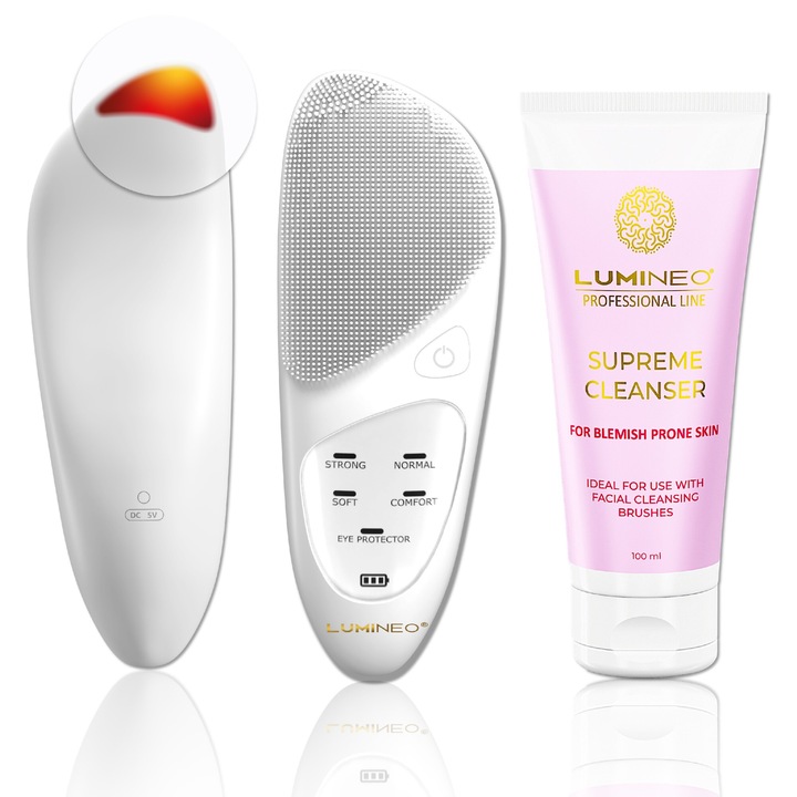 Lumineo Professional Line szónikus arctisztító kefe, termikus, szilikon, fehér, kompakt