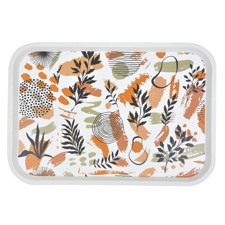 Tava de Servit Alba cu Model Abstract Frunze 42x30cm
