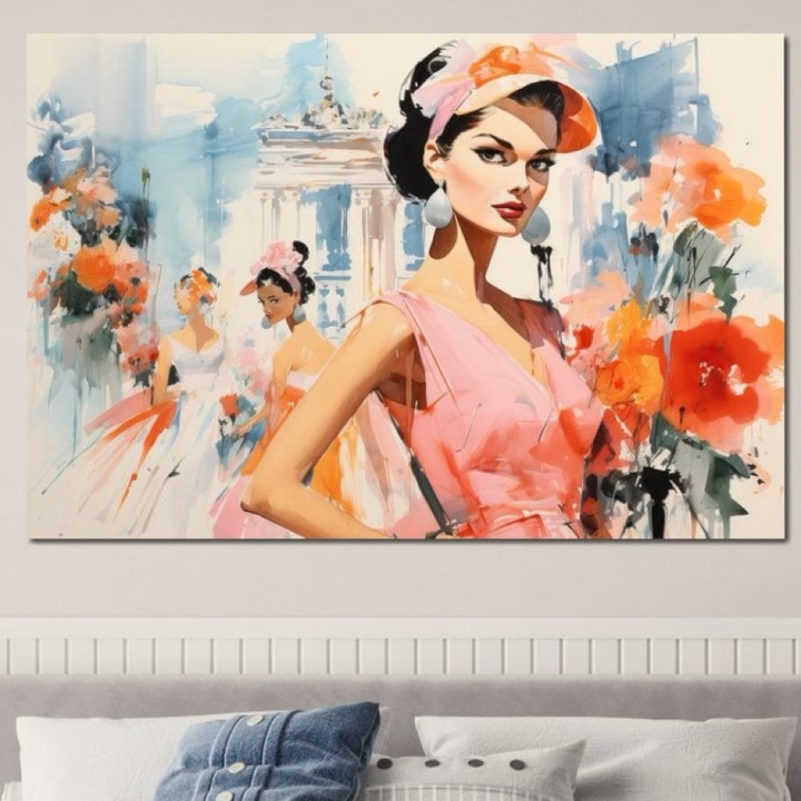Премиум картина върху платно, LuxCanva® G1130, Ретро пролет, 100 X 150 CM, 100% памучно платно 400g/m2, дървена рамка, Париж, стил, елегантност, жени, булевард, мода, минало, винтидж, изисканост, хол, спалня