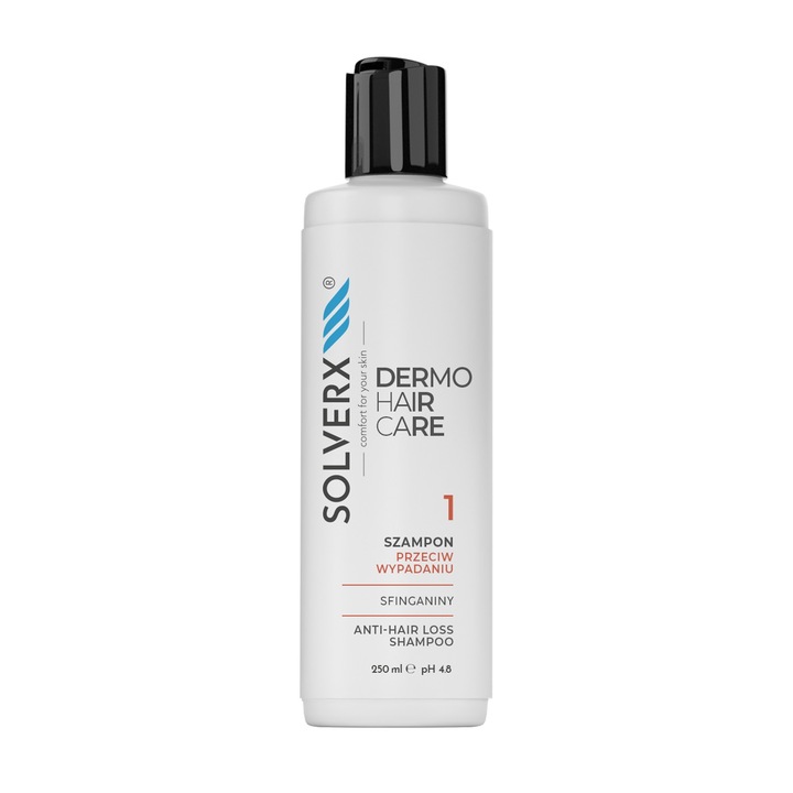 Sampon SOLVERX Dermo Hair impotriva caderii parului, 250 ml, cu sfinganine, cofeina, niacinamida, curatare delicata