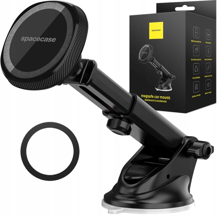 Spacecase autós tartó, SC06, MagSafe kompatibilis, szélvédőre vagy műszerfalra rögzíthető, állítható kar 8-13 cm, fekete