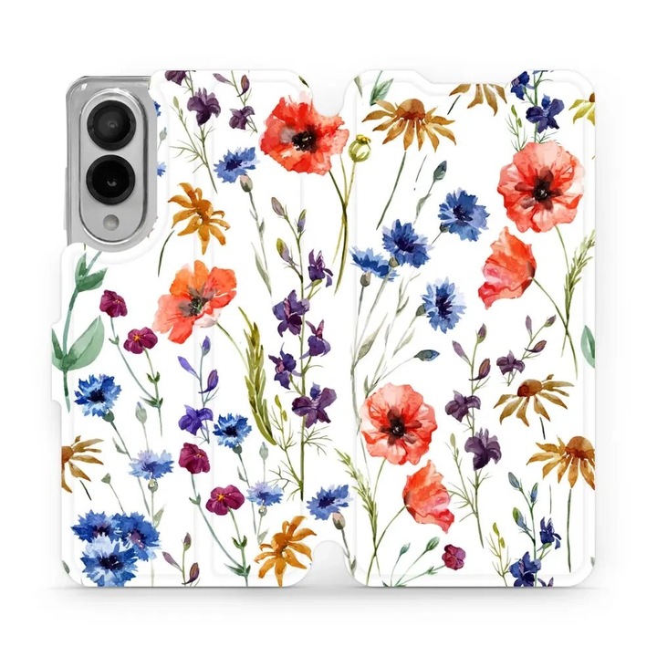 Husa flip Mobiwear, pentru Samsung Galaxy S25 Edge, design floral, rezistent la socuri, alb