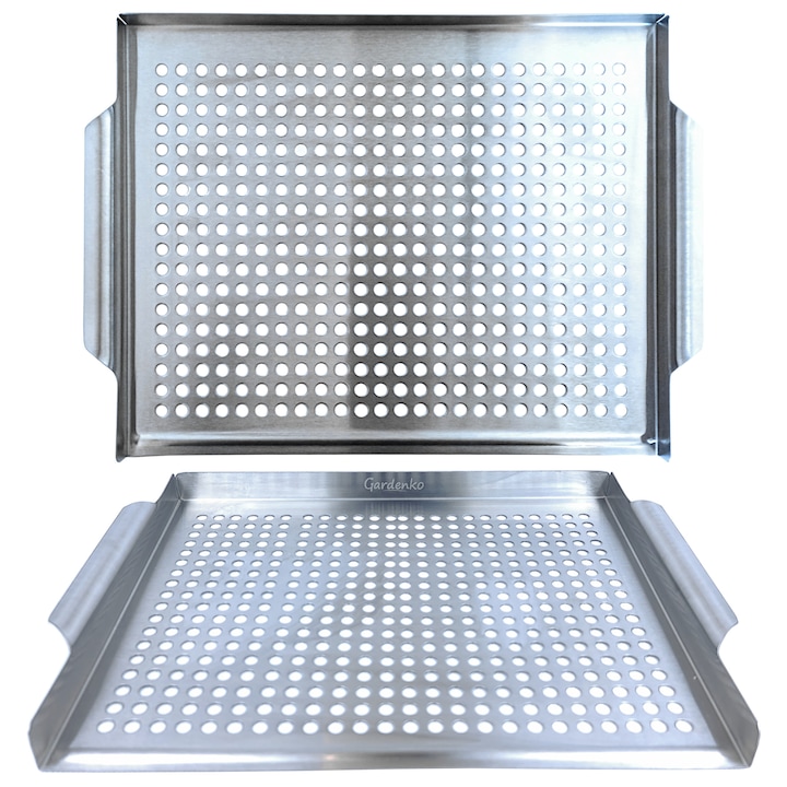 Plita gratar, Tava gratar, Gardenko, otel inoxidabil, 40x29 cm, suprafata perforata, manere laterale, ideala pentru carne, legume si fructe de mare, compatibila cu gratar pe gaz, carbune