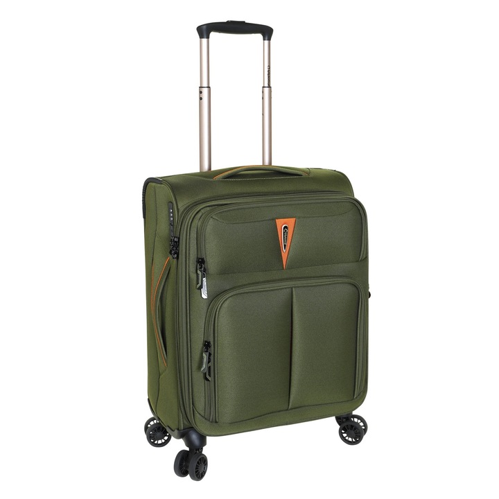 Troler de cabina extensibil Diplomat Venice, 55x38x23 cm, +20% capacitate, bagaj de mana, poliester, 4 roti 360°, cifru TSA, kaki