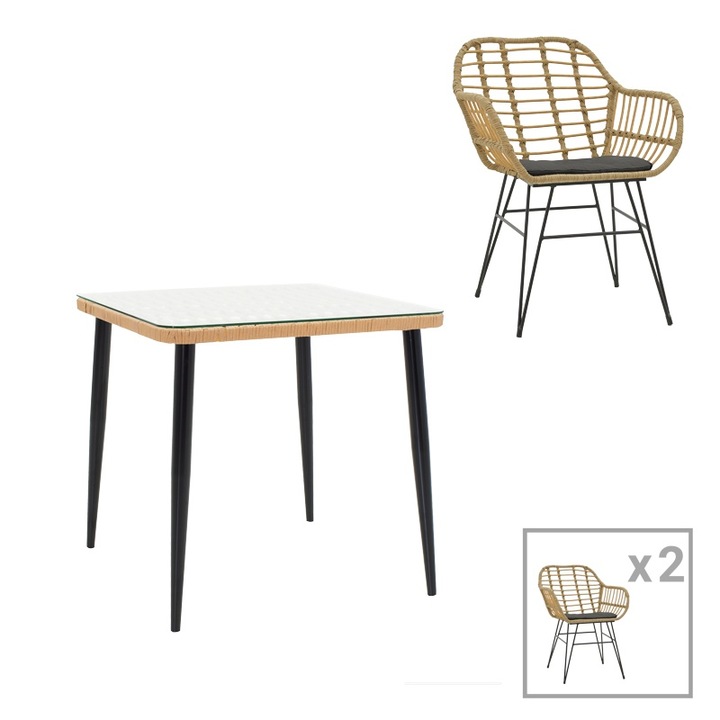 Set Masa si Scaune de Gradina, 3 Piese, Model Naoki V1, Natural/Negru, 80x80x78 cm