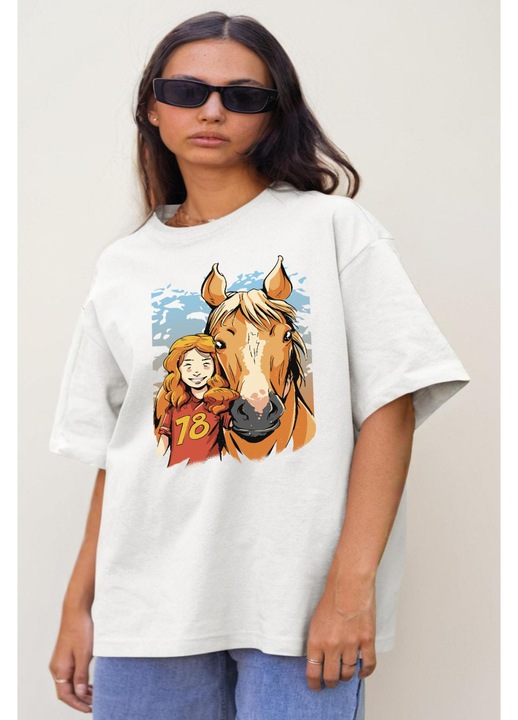 Női oversize póló Horse Girl Jersey mintával, pamut, fehér, XS-S
